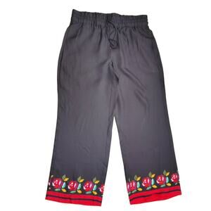 Kate Spade Rose Border Silk-Blend Wide Leg Pants Medium Black Red